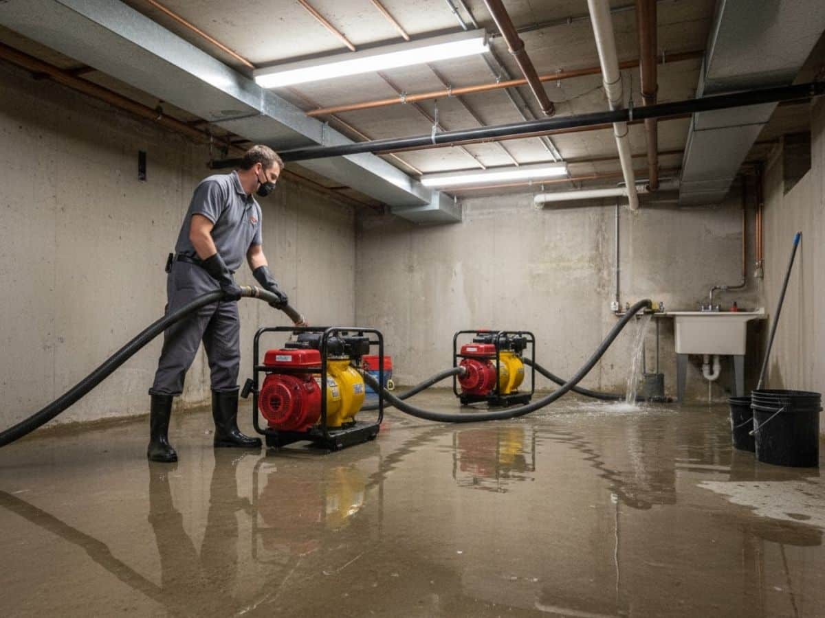 Technician with submersible pump in a flooded basement