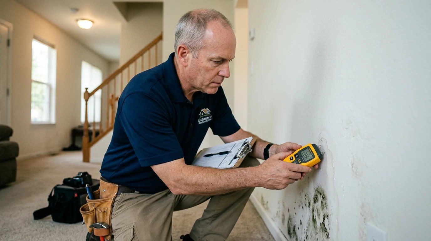 Inspector checking a wall with a moisture meter