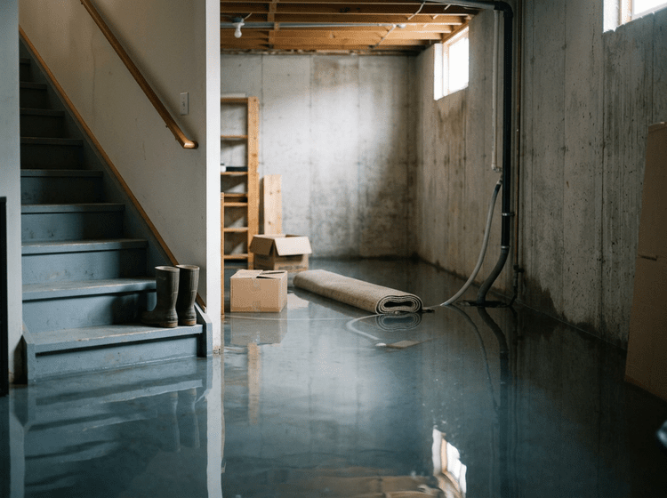 Flooded basement with standing water on the concrete floor
