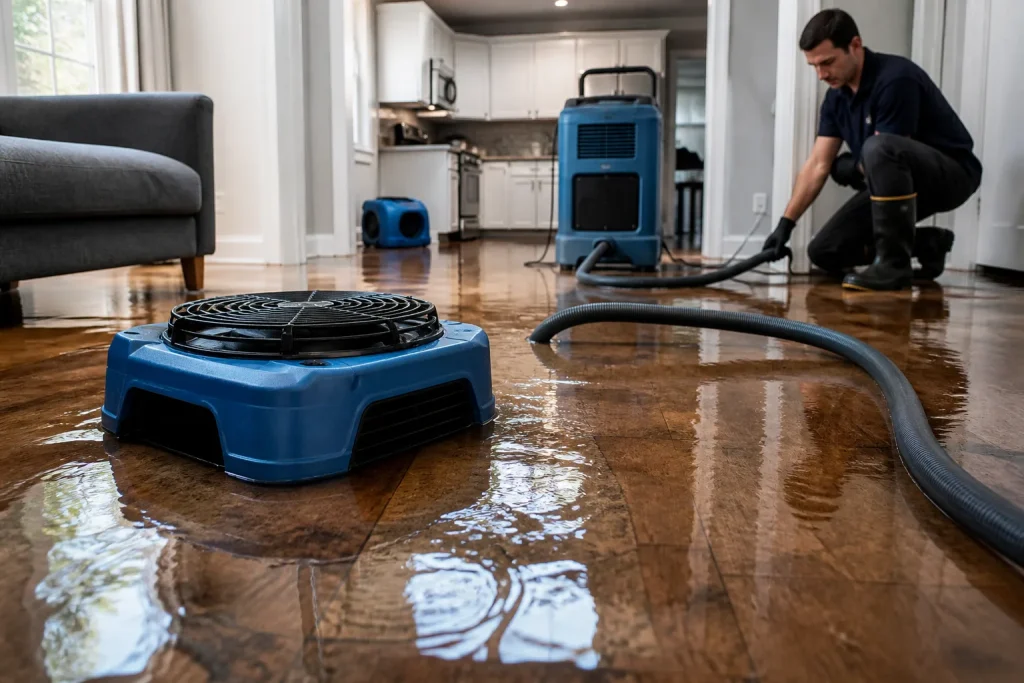 Technician setting up water extraction equipment on a wet floor