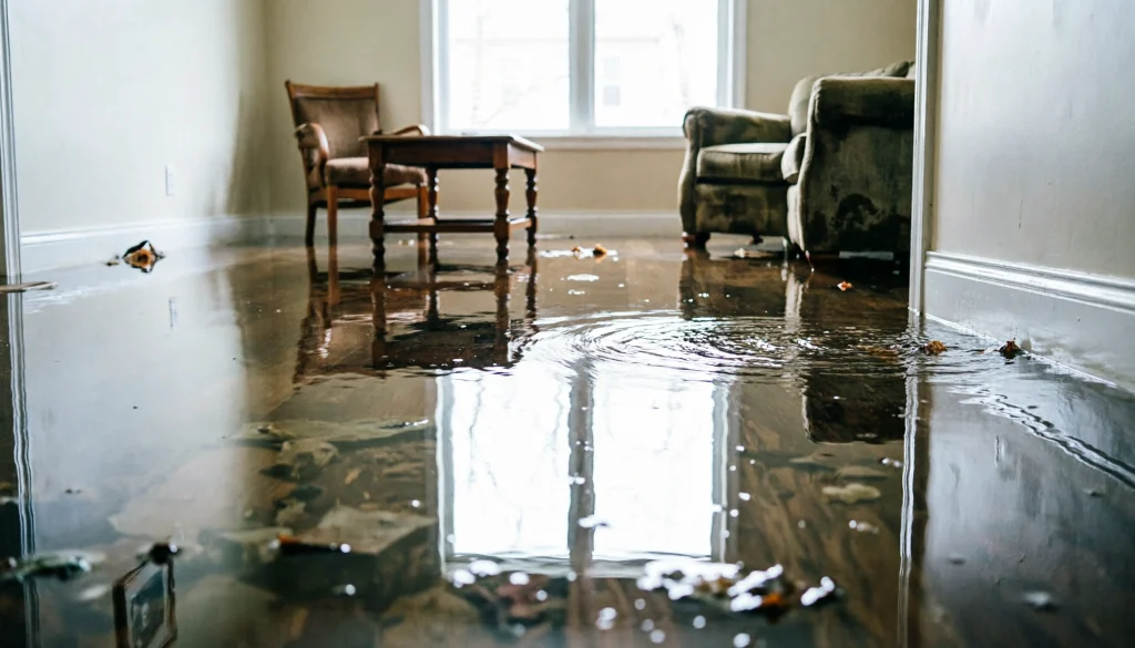 Living room with standing flood water covering the floor