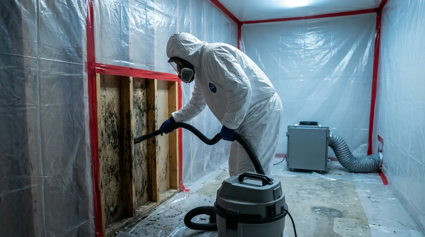 Technician in protective suit performing mold remediation in a containment area